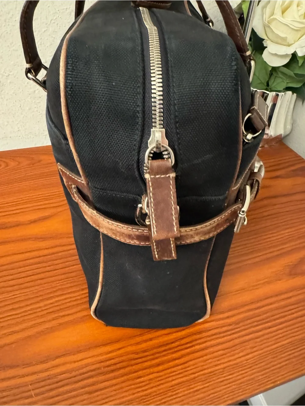 Coach Black Canvas Briefcase with Brown Leather Trim